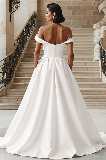 White Off the Shoulder A Line Wedding Dress with Sash